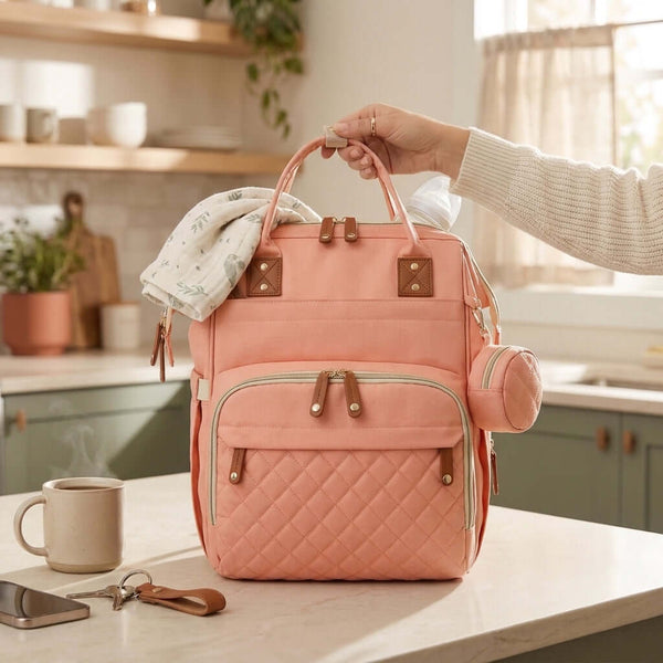 Quilted Diaper Bag Backpack with Pouch, Pink