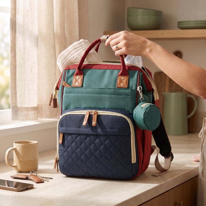 Red Colorblock Diaper Backpack with practical pockets and stylish design for parents on the go.