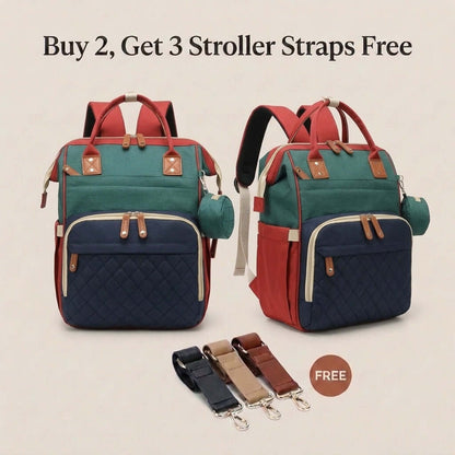 Red Colorblock Diaper Backpack with stroller straps, stylish and functional diaper bag for parents.