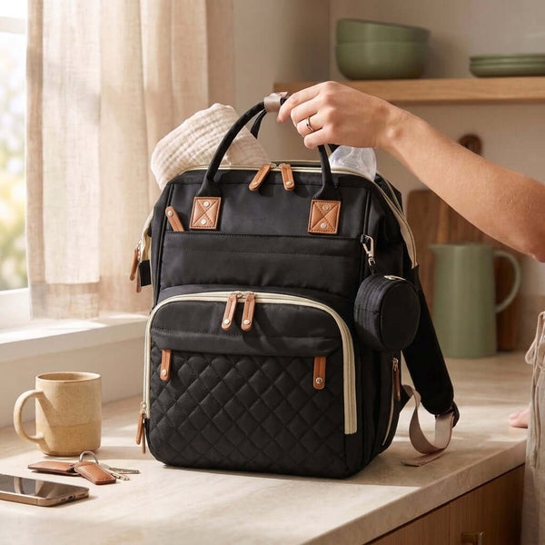 Quilted Diaper Bag Backpack with Pouch, Black