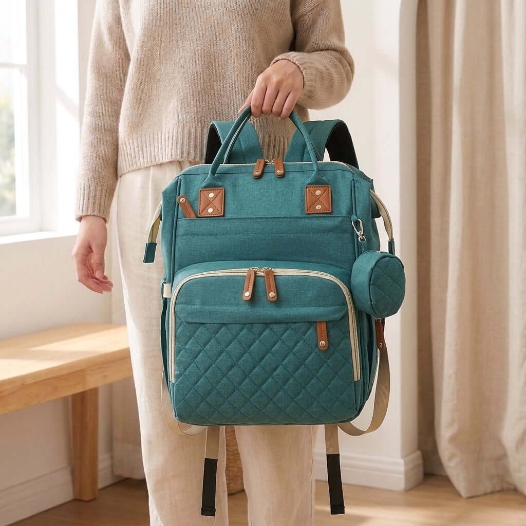 Quilted Diaper Bag Backpack with Pouch, Teal