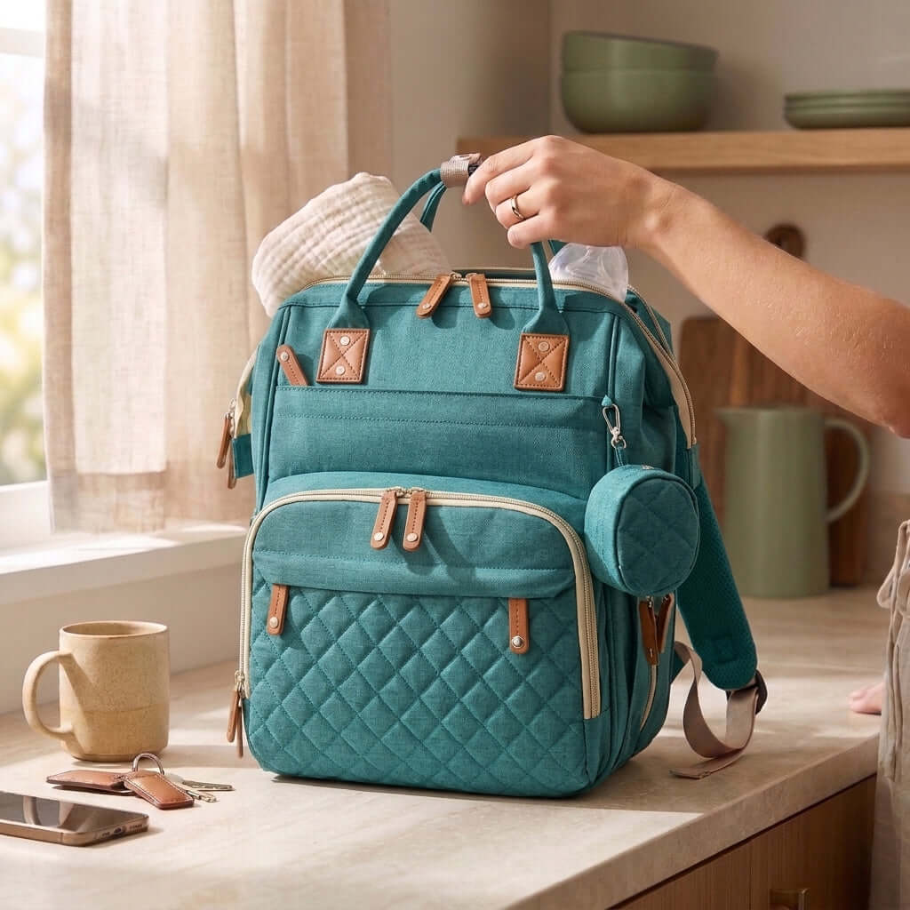 Quilted Diaper Bag Backpack with Pouch, Pink