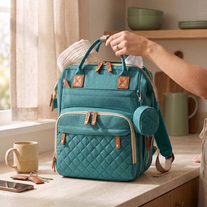 Quilted Diaper Bag Backpack with Pouch, Pink