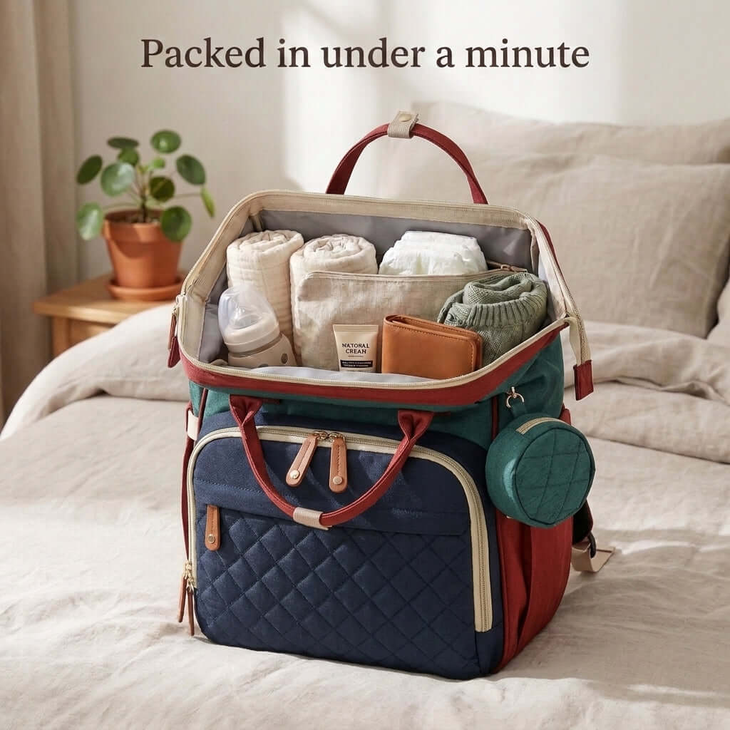 Red Colorblock Diaper Backpack opened with baby essentials inside, showcasing its functionality as a stylish diaper bag.