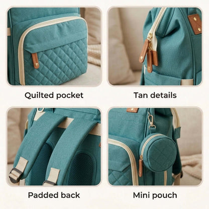 Quilted Diaper Bag Backpack with Pouch, Teal