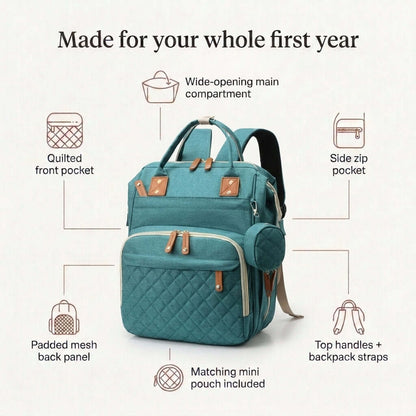 Quilted Diaper Bag Backpack with Pouch, Teal